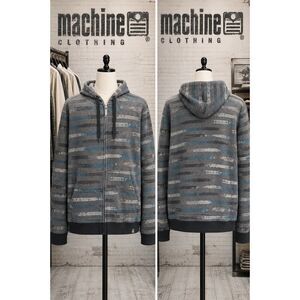 Machine Clothing Zip Hoodie Gray Blue Striped Fleece Full Zip M